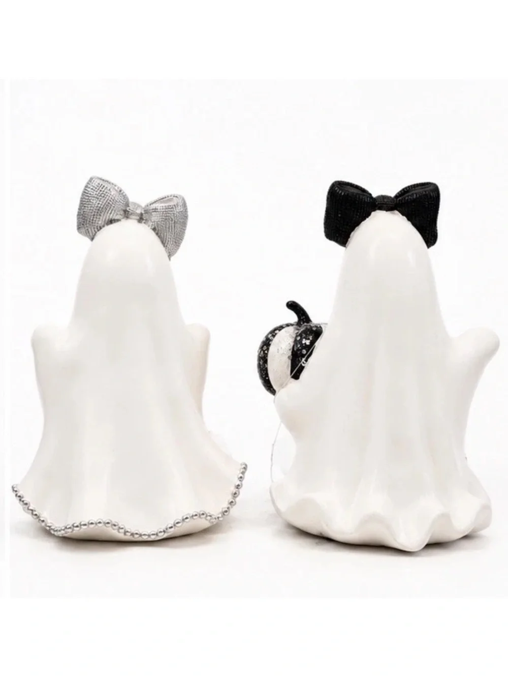 Bella Lux Black And Silver Sequined Ghosts With Bow Halloween Decor NWT Set Of 2